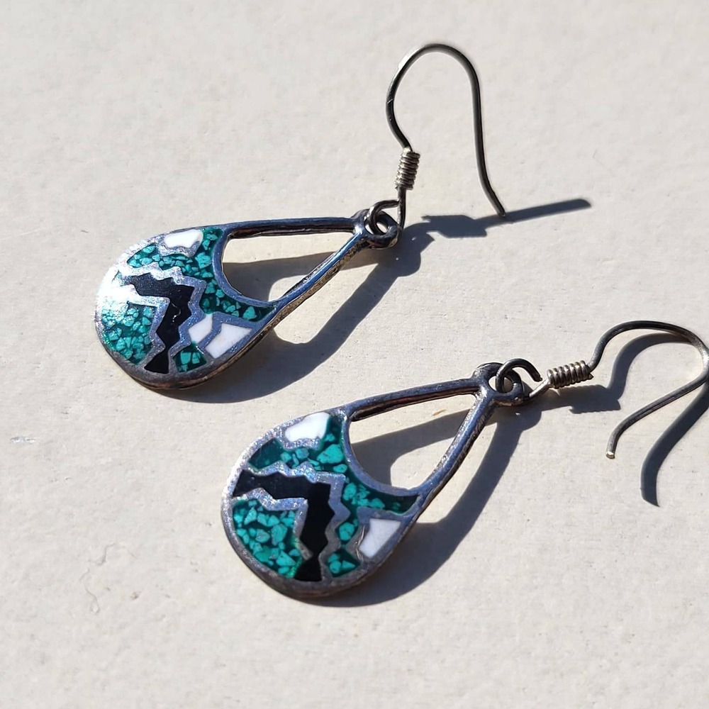 Vintage Sterling Silver Turquoise Inlay Teardrop Earrings Blue Black White